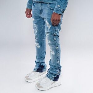 NWT! Vicious Denim Flared Stack Jeans Suede Cut Sew and Pearl Size 30 Distressed